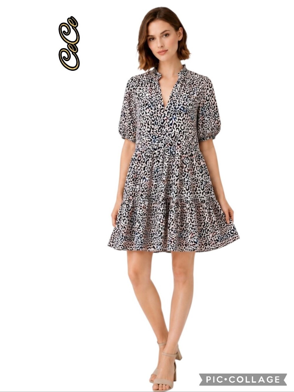 CeCe leopard print tiered dress in cream, black & light blue puff sleeves, lined